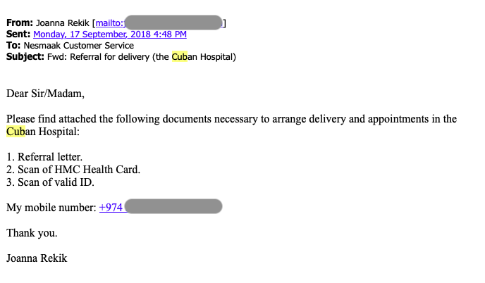 sample e-mail with hospital referral in Qatar